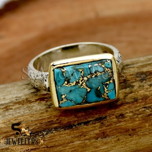 Blue Copper Turquoise ring, 925 Sterling silver Ring, Handmade Ring, Two Tone Ring, Hammered Ring, Baguette Gemstone Ring, Anniversary Ring