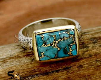 Blue Copper Turquoise Ring: Handmade 925 Sterling Silver, Two-Tone Hammered Band