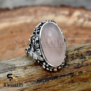 Handmade Oval Rose Quartz Ring: 925 Sterling Silver Leaf Jewelry
