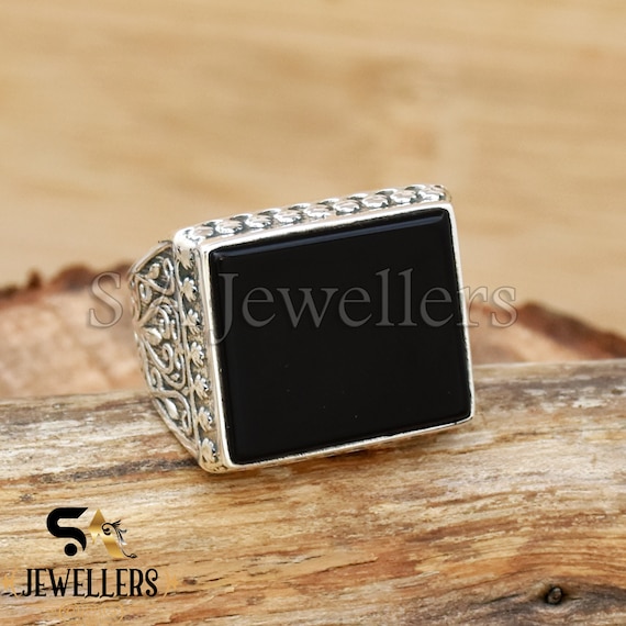 Sterling Silver Large Black Onyx Ring Beaded Edge Sterling Silver Large Black Onyx Ring Beaded Edge