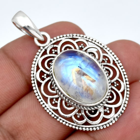 Dainty Moonstone Pendant: 925 Sterling Silver Boho Filigree