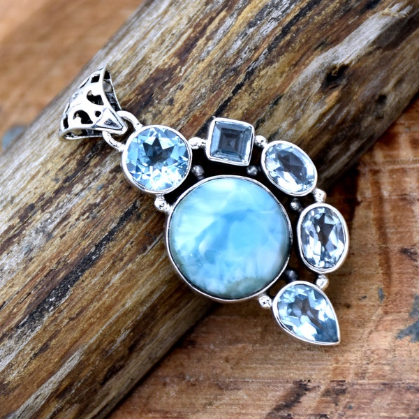 Natural Larimar and Blue Topaz Pendant Handmade Pendant 925 Silver Pendant Statement Pendant Multi Stone Pendant Gift For Her Ready To Ship