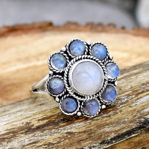 Moonstone Rainbow Ring, Sterling Silver Ring, Handmade Ring, Statement Ring, June Birthstone Ring Multi Stone Ring, Round Moonstone Ring