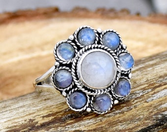 Handmade Sterling Silver Moonstone Ring: Multi Stone Statement Ring