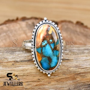 Oyster Copper Turquoise Ring, 925 Sterling Silver Ring, Spiny Turquoise Ring, Filigree Ring, Wedding Ring, Anniversary Ring, Gift for Her.
