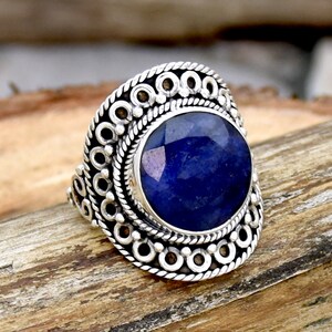 Indian Sapphire Ring, 925 Sterling Silver Ring, Round Gemstone Ring, Filigree Ring, Bohemian Ring, Wedding Ring, Anniversary Gift For Her