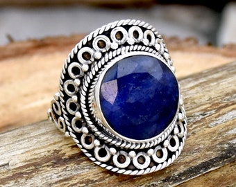 Indian Sapphire Ring, 925 Sterling Silver Ring, Round Gemstone Ring, Filigree Ring, Bohemian Ring, Wedding Ring, Anniversary Gift For Her