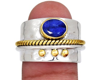 Spinnerring blauwe saffier, sterlingzilveren brassband, meditatie-sieraden