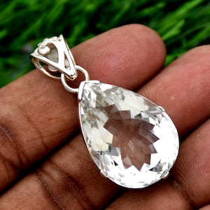 Natural Crystal Quartz Pendant, 925 Sterling Silver Pendant, Handmade Pendant, Clear Crystal Quartz Pendant, Faceted Gemstone Pendant image 1