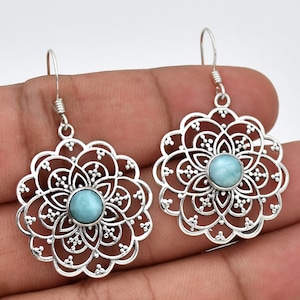 Filigree Larimar Earrings: Round Blue Stone, Sterling Silver Dangle