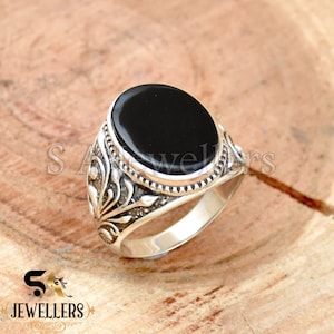 Mens Black Onyx Ring: Hand Engraved 925 Sterling Silver, Bohemian Textured Ring