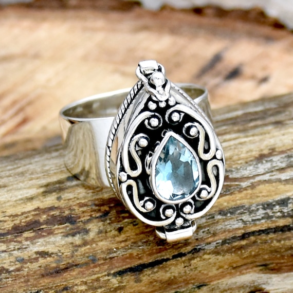 Blue Topaz poison ring, 925 Sterling Silver Ring, November birthstone ring,  Oxidized Ring, Small Box Ring, Handmade Jewelry, Gift For Her