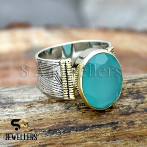 Handmade Aqua Chalcedony Ring: Oval Gemstone, Sterling Silver Two-Tone