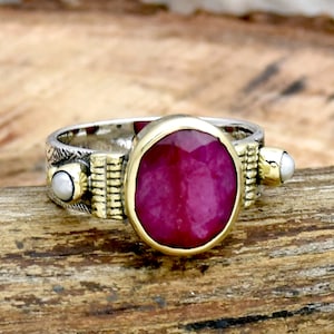 Sterling Silver Ruby Pearl Ring: Two-Tone Flower Statement Ring