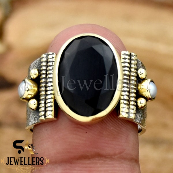 Zwarte Onyx Ring, 925 Sterling Zilveren Ring, Zwarte Onyx en Parel Ring, Tweekleurige Ring, Brede Ring Getextureerde Ring, Boho Ring, Kerstcadeau