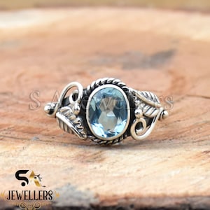 Natural Blue Topaz Sterling Silver Ring: Handmade Leaf Band