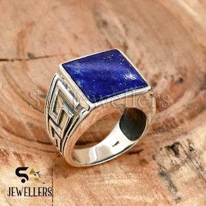 Lapis lazuli herenring, 925 sterlingzilveren ring, textuurring, blauwe lapis lazuli zegelring heren, handgemaakte ring, boho-ring, cadeau voor hem