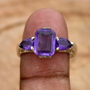 Natural Amethyst Ring, 925 Sterling Silver Ring, Three Stone Ring, Handmade Ring, Anniversary Ring, Engagement Ring, Boho Ring, Gift For Her