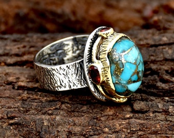 Blue Copper Turquoise Ring, 925 Sterling Silver Ring, Handmade Ring, Turquoise and Garnet Ring, Two Tone Ring, Textured Ring, Oxidized Ring