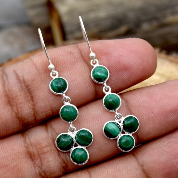 Malachite Earrings 925 Sterling Silver Earrings Green Stone