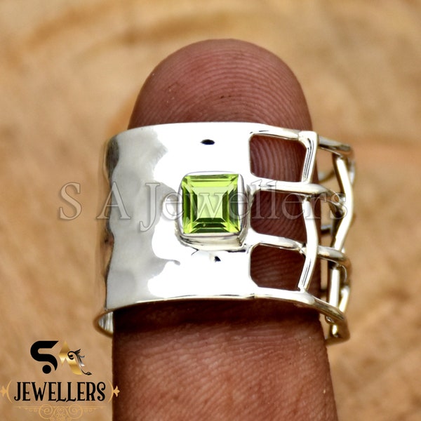 Natural Peridot Ring, 925 Sterling Silver Ring, Handmade Ring, Wide Band Ring, Wedding Ring, Hammered Ring, Anniversary Ring, Gift For Her