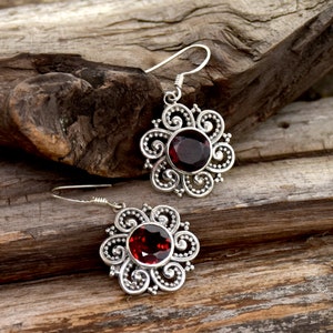 Handmade Red Garnet Sterling Silver Drop Earrings: Unique Wave Design