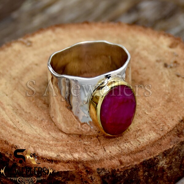 Indian Ruby Ring Faceted Oval Ruby Ring Ruby Two Tone Ring Ruby Hammered Ring 925 Sterling Silver Ring Wide Band Ring Large Silver Ring