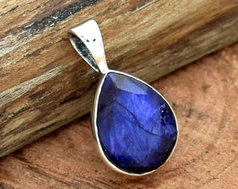 Indian Sapphire Pendant, 925 Sterling Silver Pendant, Handmade Pendant for Girls, Chunky Silver Pendant, Blue Sapphire Gemstone Pendant