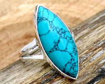 Turquoise Ring, 925 Sterling Silver Ring, Blue Turquoise Ring, Marquise Ring, Gift For Her Handmade Silver Ring, Long Turquoise Ring Jewelry