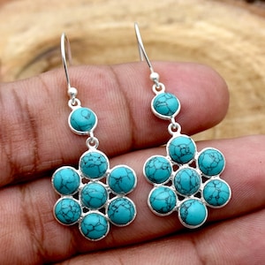 Turquoise Earrings, 925 Sterling Silver Earrings, Multi Stone Earrings, Dangle & Drop Earrings, Turquoise Bezel Set Earrings Gift For Her