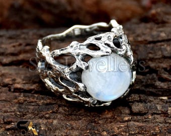 Natural Moonstone Ring: Handmade 925 Sterling Silver Twig Ring