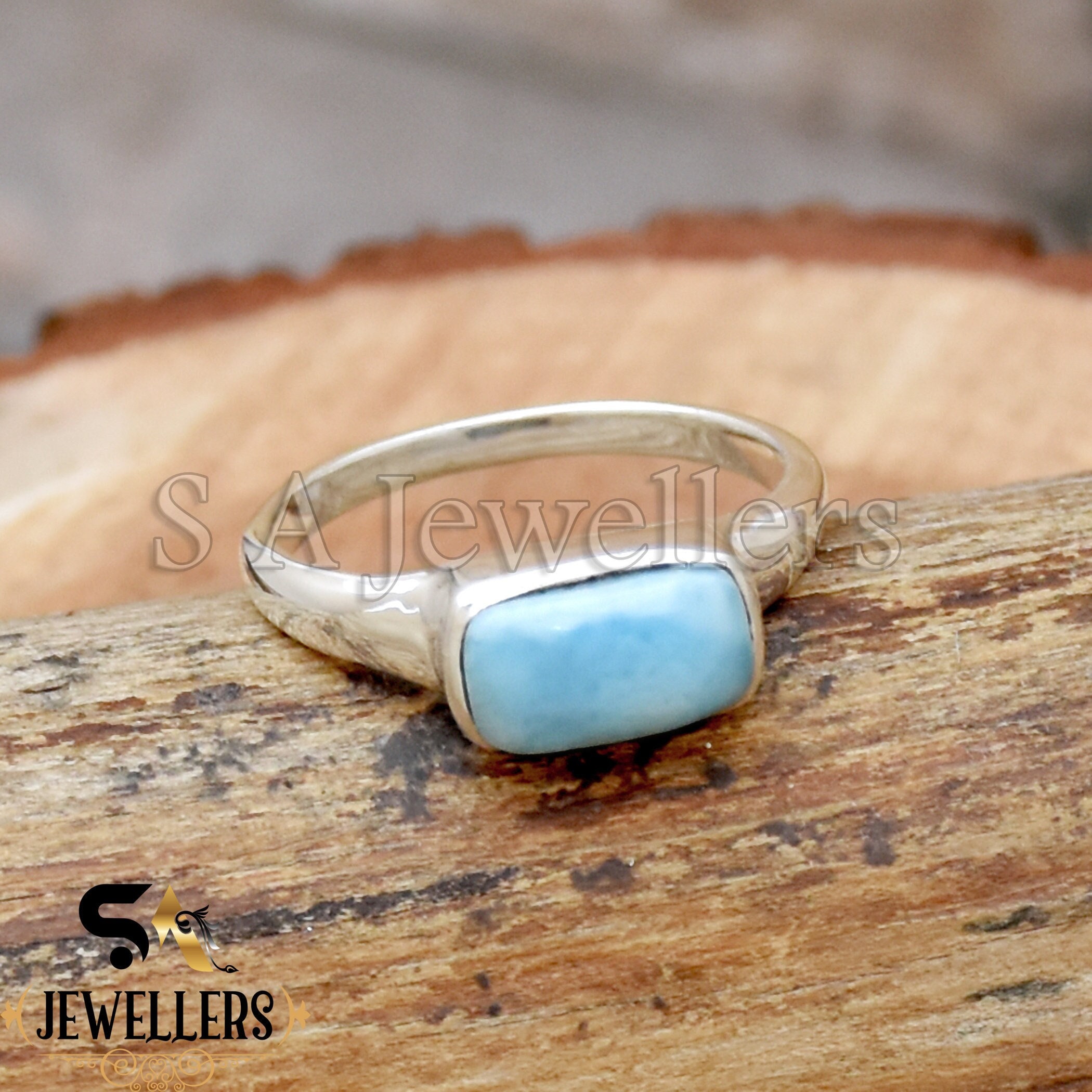 天然ラリマーリング：925スターリングシルバーバーシグネット