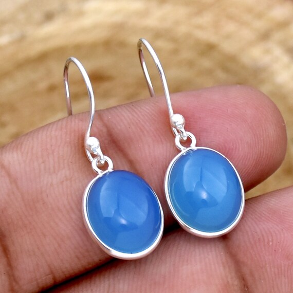Boucles d'oreilles pendantes en argent sterling et calcédoine turquoise : pierres précieuses de fête 925 - France