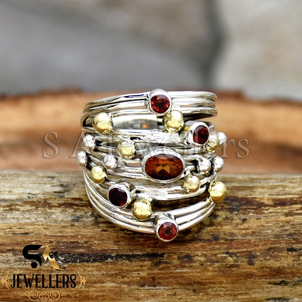 Natural Garnet Ring, 925 Sterling Silver Ring, Handmade Wire Wrapped Ring, Artisan Ring Multi Stones Ring, Two Tone Ring, Handmade Jewelry