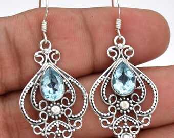 Pendientes colgantes de topacio azul: piedra preciosa en forma de pera, hechos a mano en plata de ley 925