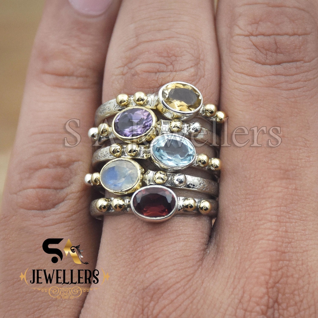 Sliver Rings Multiple Handmade 925 Sterling Silver Multi Stone Stackable Ring - Two Tone Ring ...