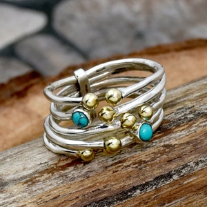Multi Blue Turquoise Ring 925 Sterling Silver Ring Handmade Ring Two Tone Ring Adjustable Ring Thumb Ring Hammered Wire Tiny Turquoise Ring