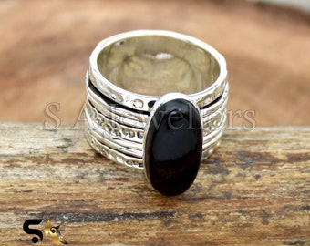 Anillo de ónix negro, anillo de plata de ley 925, anillo giratorio de ónix negro ovalado, anillo de meditación, anillo martillado, anillo de pulgar, joyería hecha a mano