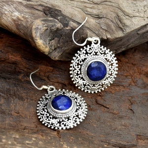 Filigree Sterling Silver Sapphire Earrings: Handmade Indian Jewelry