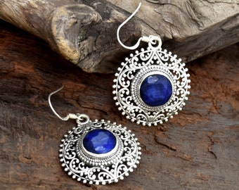 Indian Sapphire Earrings 925 Sterling Silver Earrings  Handmade Filigree Fine Jewelry for Girls Silver Earrings Blue Sapphire Earrings