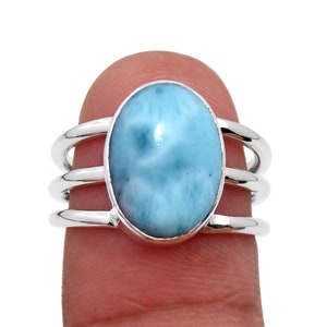 Blue Larimar Ring, 925 Sterling Silver Ring, Triple Band Ring, Dominican Republic Larimar Ring, Wedding Ring, Anniversary Ring, Gift For Her