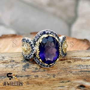 Natural Amethyst Turkish Ring With Natural Iolite, 925 Sterling Silver Ring, Handmade Ring, Hurrem Design Ring, Ottoman Ring, Vintage Ring,