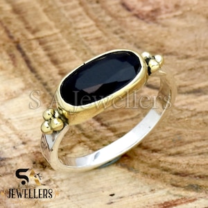 Handgemachter Schwarzer Onyx-Ring: Sterling Silber Band in Zweifarbigkeit