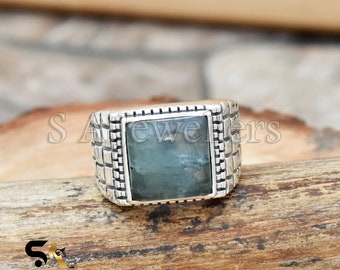 Handmade Cushion Aquamarine Ring: Oxidized Sterling Silver Wedding Jewelry