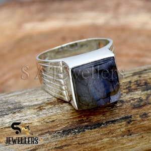 Handgefertigter Kissen Labradorit Ring: 925 Sterling Silber Herrenschmuck