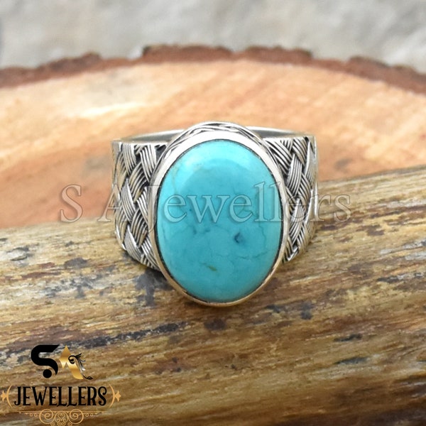 Mohave Turquoise Ring, Mat Design Ring, 925 Sterling Silver Ring, Handmade Ring, Turquoise Jewelry, Wedding Ring, Bohemian Gift For Her/Him