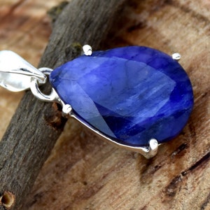 Blue Sapphire Pendant, Claw Setting Pendant, Synthetic Indian Sapphire Pear Faceted Gemstone Pendant, Silver Pendant, Handmade Pendant