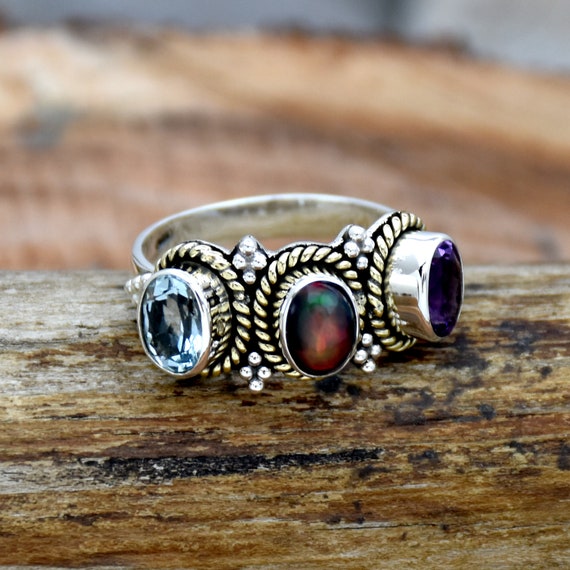 Ethiopian Opal Ring: Amethyst Blue Topaz, Sterling Silver
