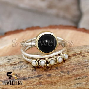 Black Onyx Ring, Wire Wrap Ring, 925 Sterling Silver Ring, Pearl Solitaire Five Stone Silver Ring, Two Tone Ring, Fresh Water Pearl Jewelry