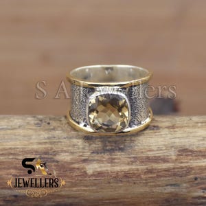925 Sterling Silver & Brass Citrine Ring - Two-Tone Ring - Wide Band